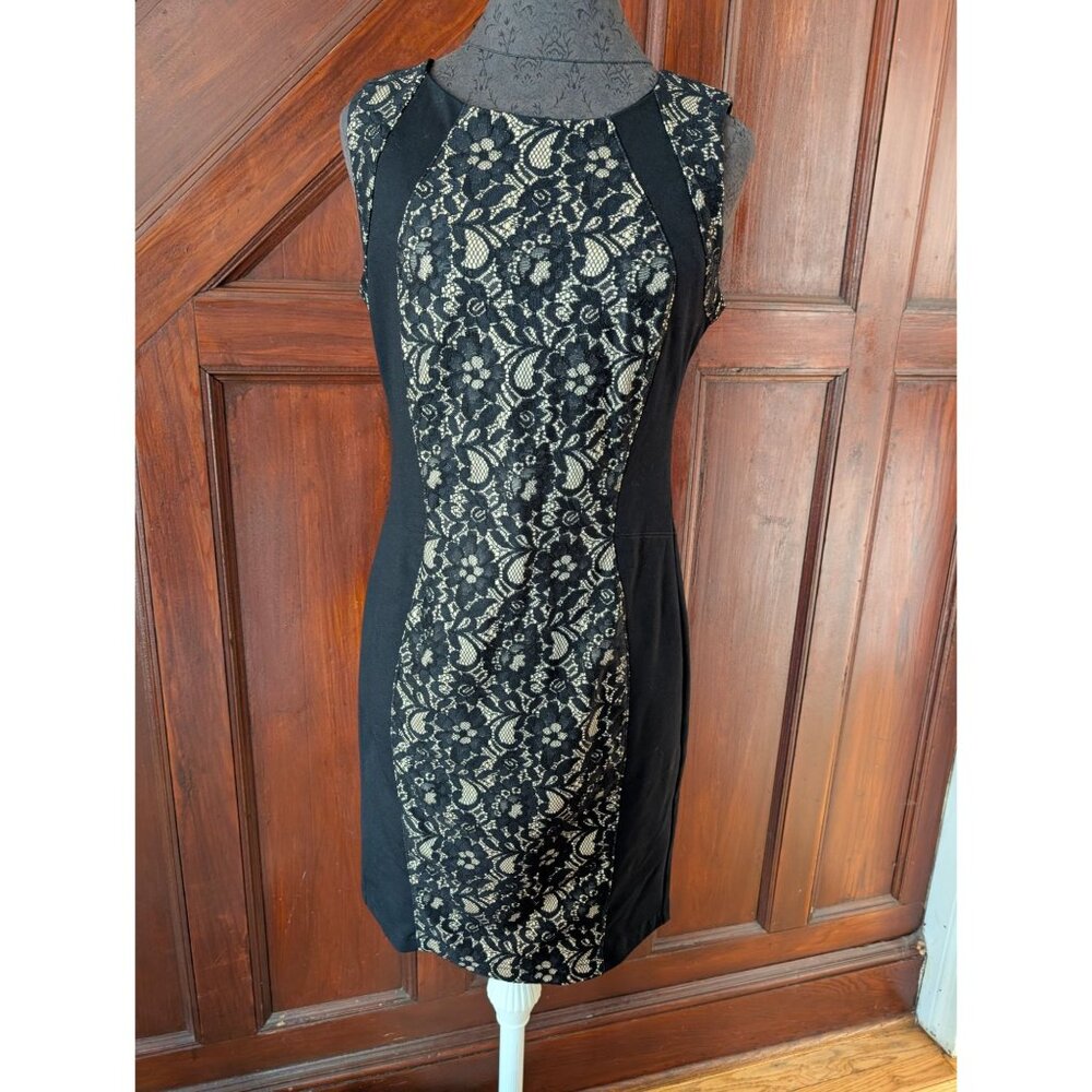 Katherine Barclay Black & Beige Lace Panel Sleeveless Sheath Dress Size 6